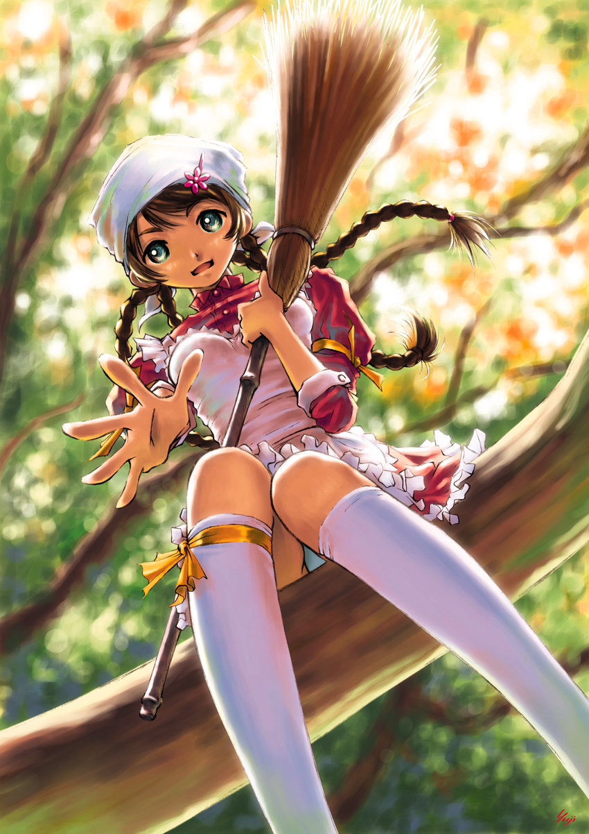 arika_yumemiya bandana blue_panties braid broom brown_hair dress frills from_below green_eyes hair_ornament hairclip highres in_tree kneehighs kobayashi_yuuji maid my-otome nature outdoors outstretched_arm outstretched_hand panties pantyshot pantyshot_(sitting) quad_tails reaching ribbon sitting sitting_in_tree socks solo thighhighs tree underwear upskirt white_legwear