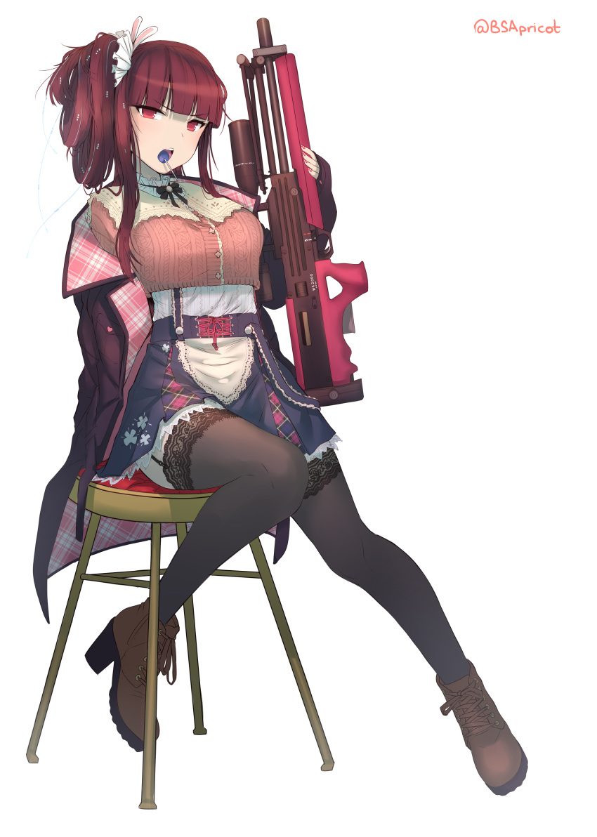 1girl absurdres alternate_hairstyle arm_support artist_name bangs bench bipod black_ribbon blouse blush boots breasts brown_footwear brown_hair bullpup bunny_hair_ornament candy casual coat commentary cropped_sweater danielle_brindle eyebrows_visible_through_hair food food_in_mouth full_body garter_straps girls_frontline glitter gun hair_ornament hair_ribbon hair_scrunchie high-waist_skirt high_heel_boots high_heels highres lace-trimmed_legwear lollipop long_hair long_sleeves looking_at_viewer medium_breasts nail_polish neck_ribbon one_side_up open_mouth petticoat pink_nails pink_sweater purple_coat purple_skirt red_eyes ribbon rifle scrunchie sidelocks simple_background sitting skirt sniper_rifle solo stool suspenders sweater thigh_strap thighhighs twitter_username wa2000_(girls_frontline) walther walther_wa_2000 weapon white_background white_blouse white_scrunchie