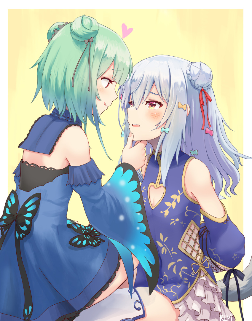 1boy 1girl absurdres arm_up arms_behind_back bangs blue_dress blush bound bound_wrists china_dress chinese_clothes detached_sleeves double_bun dress eye_contact eyebrows_visible_through_hair from_behind green_hair hair_ribbon hand_on_another's_chin heart highres hololive inuyama_tamaki jtleeklm long_hair long_sleeves looking_at_another mixed-language_commentary noripro otoko_no_ko parted_lips pink_skirt red_eyes ribbon short_hair sideways_mouth silver_hair simple_background sitting sitting_on_person skirt strapless strapless_dress symbol_commentary tail upper_teeth uruha_rushia virtual_youtuber wide_sleeves yellow_background yuri