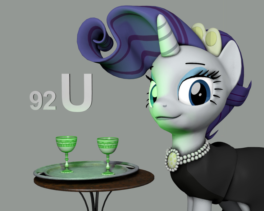 2020 3d_(artwork) accessory black_clothing black_dress clothing digital_media_(artwork) dress english_text equid equine female feral friendship_is_magic furniture glass grey_background hair hasbro headband horn looking_at_viewer mammal my_little_pony oc1024 purple_eyes purple_hair rarity_(mlp) simple_background smile solo table text unicorn uranium white_body