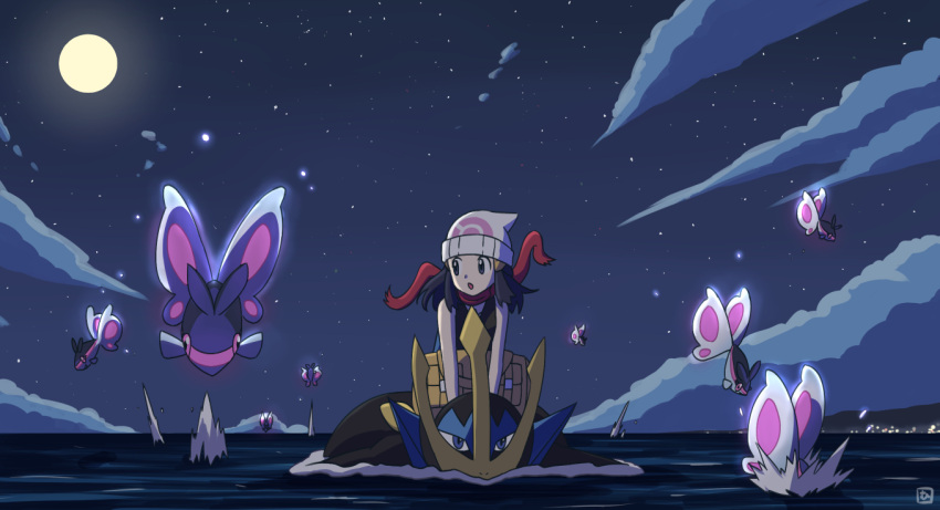 1girl :o bare_arms beanie black_hair commentary_request dawn_(pokemon) empoleon finneon fish floating_scarf gen_4_pokemon hair_ornament hairclip hat long_hair looking_to_the_side moon mutou610 night outdoors pokemon pokemon_(creature) pokemon_(game) pokemon_dppt red_scarf riding_pokemon scarf sky sleeveless star_(sky) water watermark white_headwear