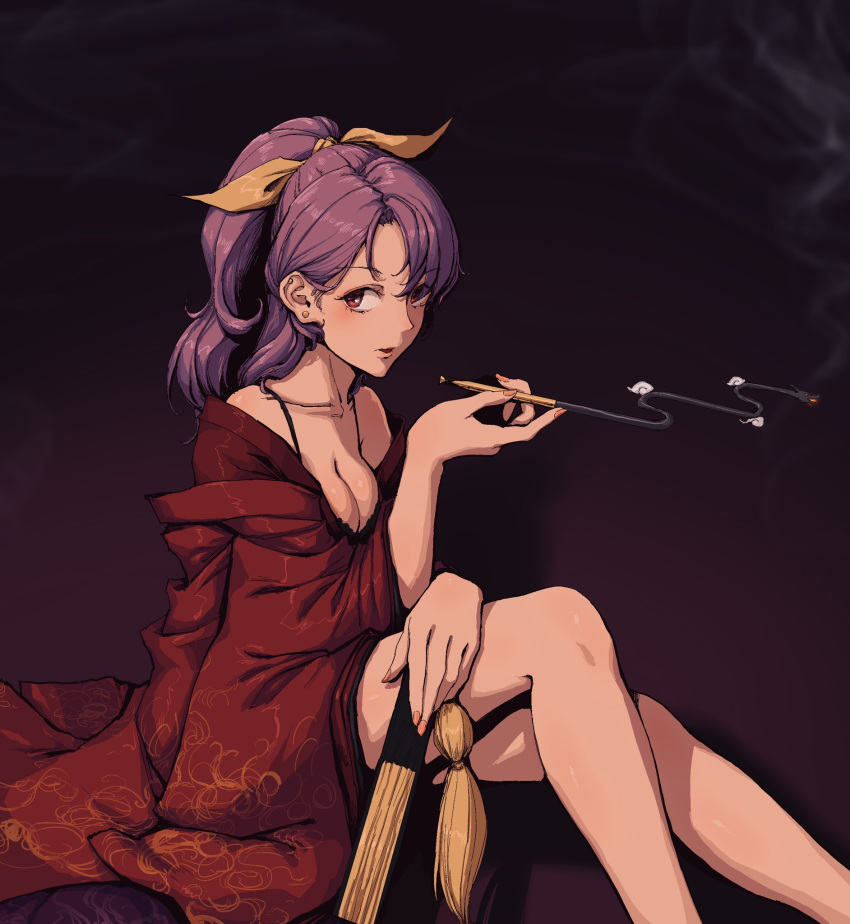 1girl blowing_smoke closed_fan collarbone ear_piercing fan folding_fan highres holding holding_fan holding_pipe japanese_clothes jewelry kimono kiseru komakusa_sannyo looking_at_viewer off_shoulder piercing pipe purple_skirt red_kimono red_robe ribbon sitting skirt smoke smoking solo stank tobacco touhou yellow_ribbon