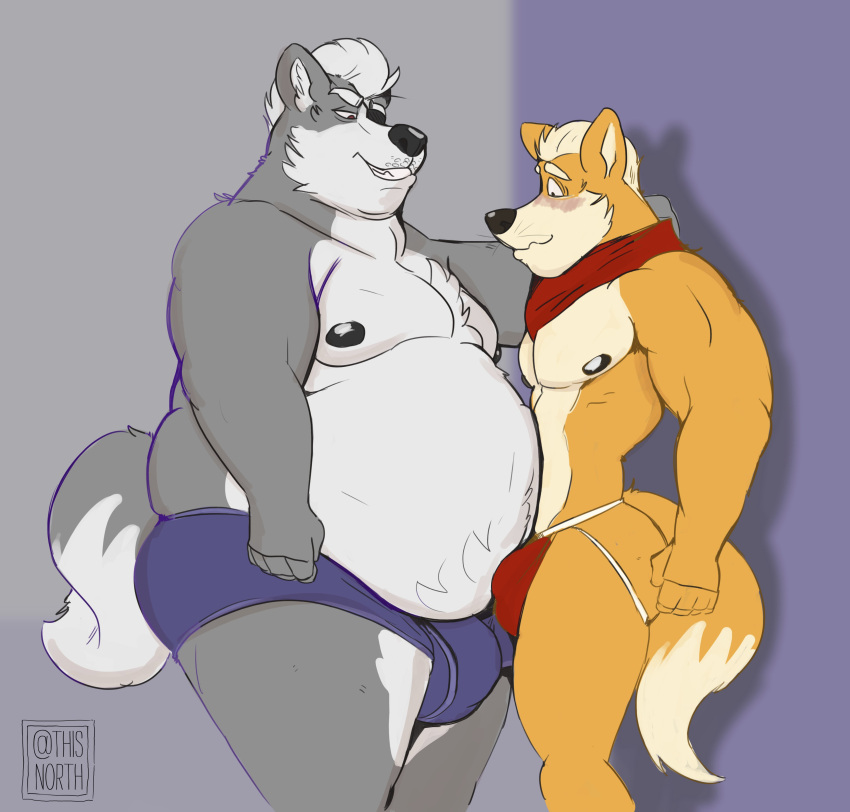 2021 absurd_res against_wall anthro anthro_on_anthro belly blush bulge canid canine canis chest_tuft clothing duo eye_patch eyewear fox fox_mccloud hair hi_res jockstrap male male/male mammal moobs neckerchief nintendo nipples obese obese_anthro obese_male overweight overweight_anthro overweight_male smile standing star_fox tcw tuft underwear video_games wolf wolf_o'donnell