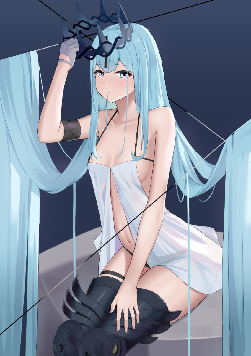 1girl absurdly_long_hair aqua_hair areola_slip areolae arm_up armlet azur_lane bare_shoulders black_panties blue_eyes blush breasts champagne_(azur_lane) collarbone commentary_request cross cross_hair_ornament crown dress eyebrows_visible_through_hair gloves hair_in_mouth hair_ornament half_gloves highres long_hair medium_breasts multicolored multicolored_eyes navel panties pink_eyes r-paka simple_background single_half_glove sitting solo thigh_strap thighhighs underwear very_long_hair