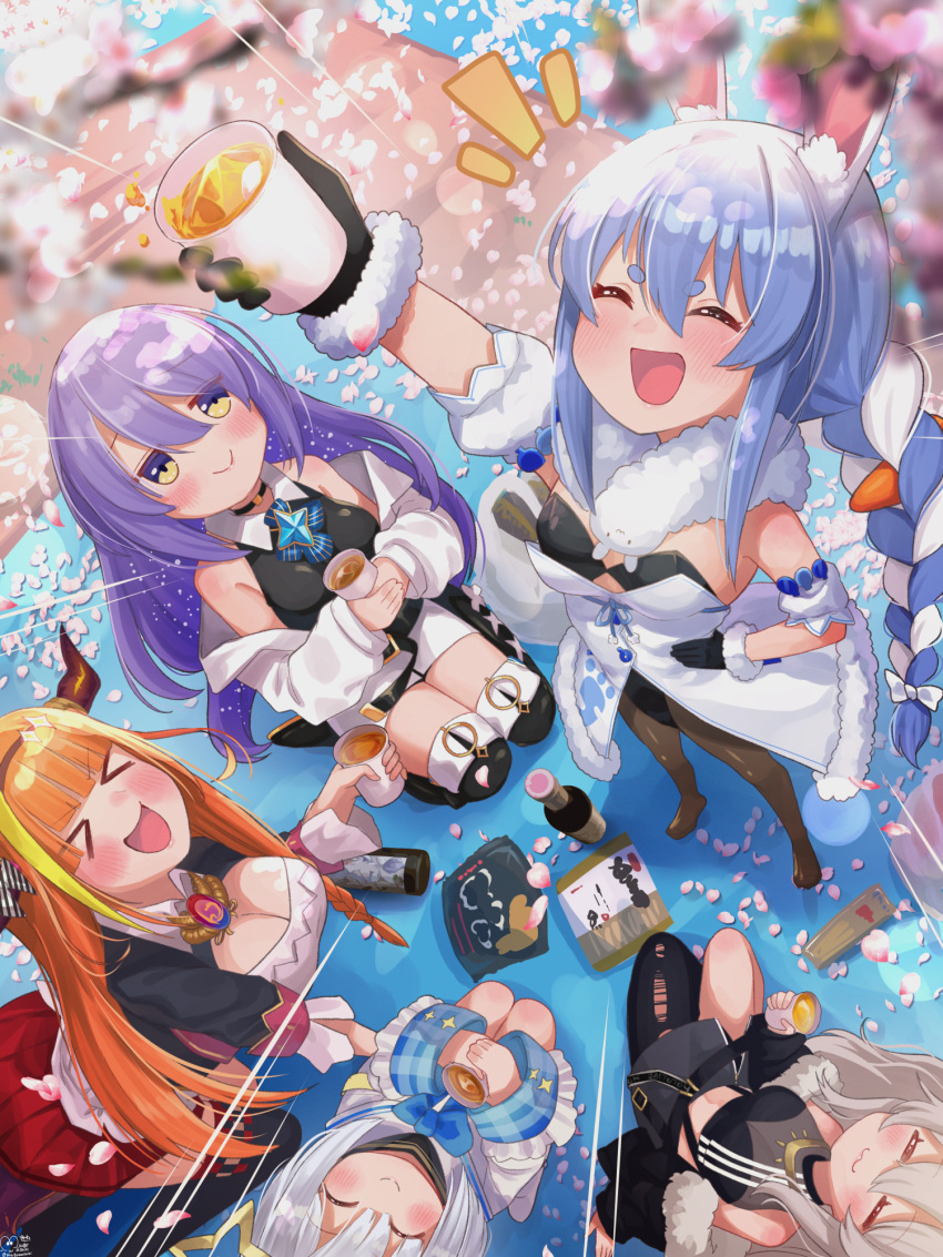 &gt;_&lt; 5girls :3 :d all_fours amane_kanata animal_ear_fluff animal_ears arm_support arm_up bangs bare_shoulders black_footwear black_gloves black_jacket black_legwear black_leotard black_shirt black_skirt blue_hair blue_neckwear blunt_bangs blush boots bottle bow bowtie braid breasts brooch bunny_ears carrot_hair_ornament cleavage cleavage_cutout clothing_cutout commentary_request creature crop_top cup detached_sleeves don-chan_(usada_pekora) dragon_girl dragon_horns dress eyebrows_visible_through_hair facing_up food_themed_hair_ornament from_above fur-trimmed_jacket fur_scarf fur_trim gem glass_bottle gloves hair_bow hair_ornament halo hand_on_hip highres holding holding_cup hololive hololive_indonesia horns jacket jewelry kiryu_coco leotard long_hair long_sleeves looking_up magowasabi medium_breasts moona_hoshinova multicolored_hair multiple_girls no_shoes off_shoulder open_mouth orange_hair pantyhose petals purple_hair rabbit_girl red_dress sailor_collar scarf seiza shirt shishiro_botan short_eyebrows short_sleeves signature single_leg_pantyhose sitting skirt smile standing star_halo thick_eyebrows thigh_boots thighhighs twin_braids twintails twitter_username two-tone_hair usada_pekora virtual_youtuber white_bow white_dress white_hair white_jacket white_sailor_collar white_scarf white_shirt white_skirt wide_sleeves yellow_eyes