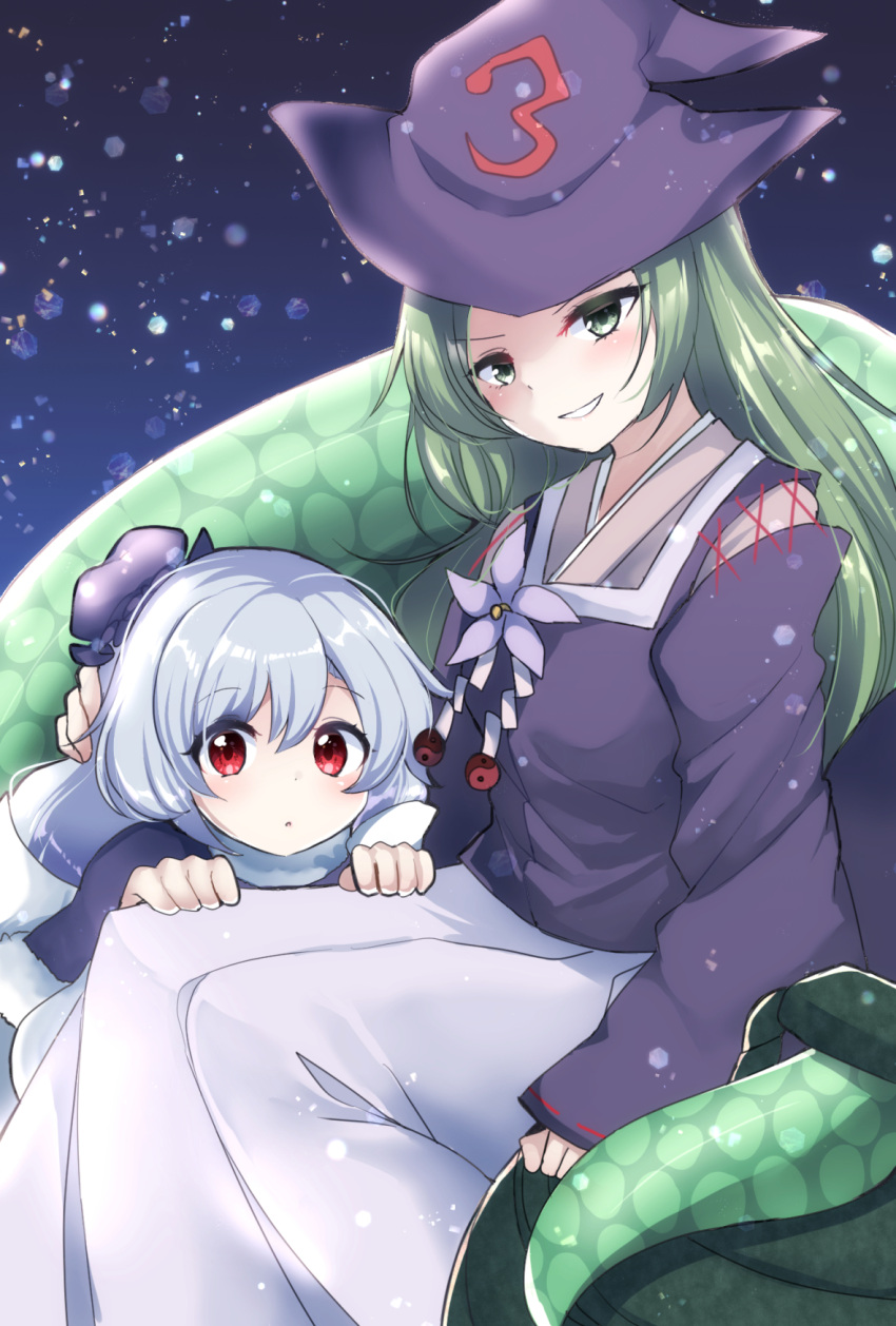 2girls abe_no_kiyohime blue_hair capelet green_eyes green_hair hat highres japanese_clothes kariginu long_hair long_skirt multiple_girls open_mouth ougi_hina red_eyes riverbed_soul_saver ruri_(riverbed_soul_saver) skirt smile snake_tail tail witch_hat