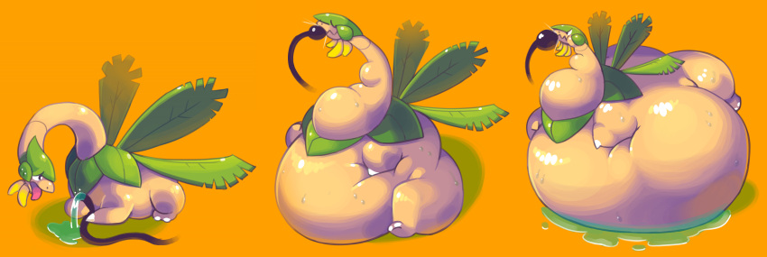 2020 absurd_res ambiguous_gender belly big_belly brown_body butt green_hair hair hi_res hose hyper hyper_belly inflation leaf nintendo orange_background overweight pok&eacute;mon pok&eacute;mon_(species) pukupukudragon simple_background solo tropius video_games water water_inflation