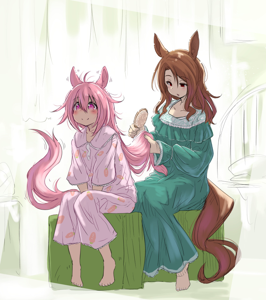 2girls absurdres animal_ears barefoot blush brown_eyes brown_hair dress ear_twitch feet full_body green_dress hair_brush hair_brushing haru_urara_(umamusume) highres horse_ears horse_girl horse_tail king_halo_(umamusume) long_hair multiple_girls nightgown pink_dress pink_eyes pink_hair rai-rai sitting sleepwear smile tail toes umamusume