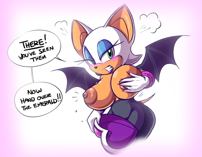 anthro big_breasts blush breast_squish breasts chiropteran color_edit colored dialogue edit english_text exposed_breasts female fours_(artist) hand_on_breast looking_at_viewer mammal nipples rouge_the_bat solo sonic_the_hedgehog_(series) squidapple squish text wings