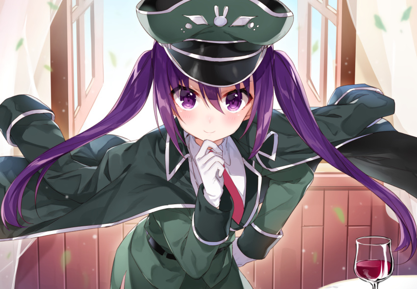 blush cape drink gochuumon_wa_usagi_desu_ka? hat military purple_eyes purple_hair shirako_miso tedeza_rize tie twintails uniform