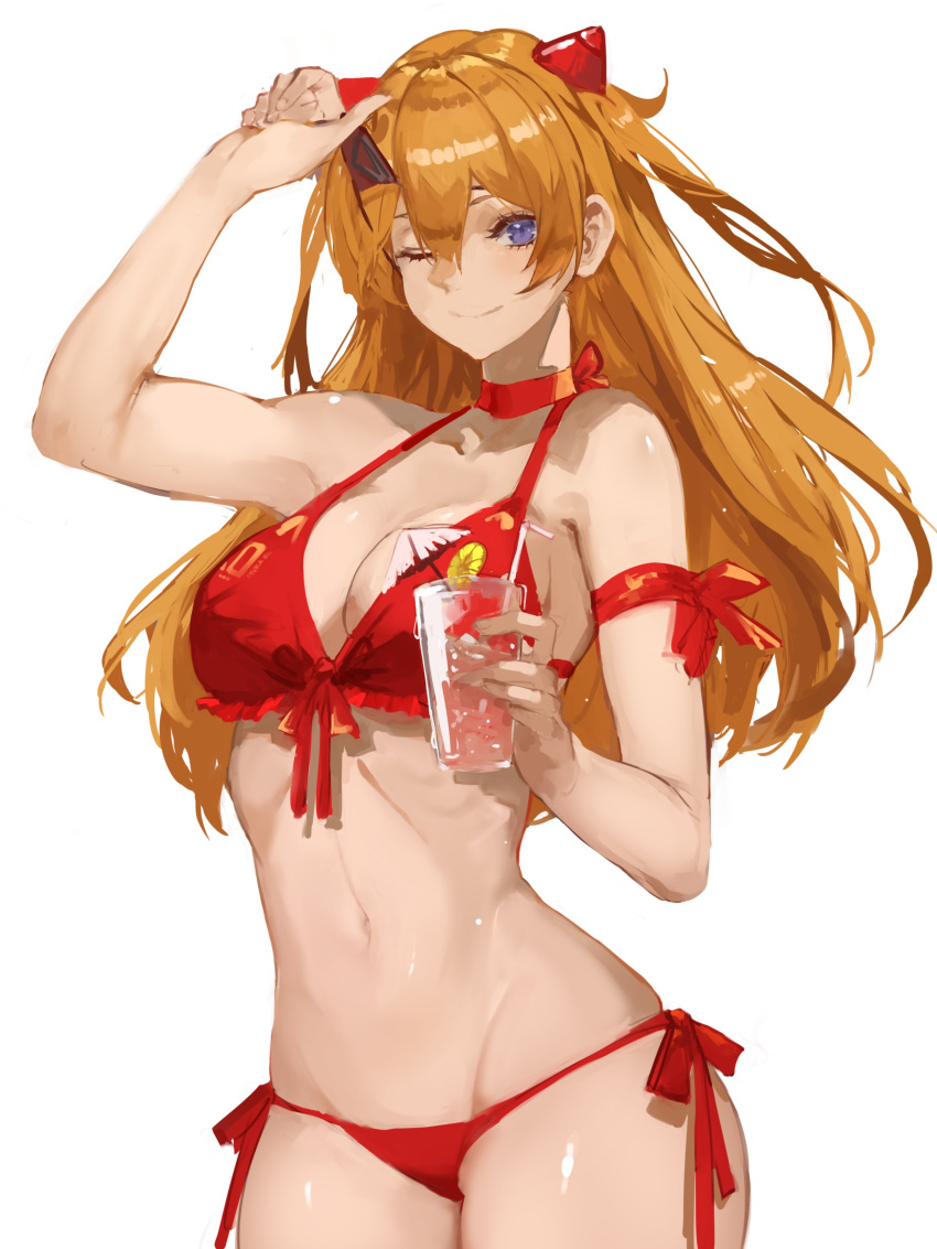 1girl absurdres arm_strap bikini blue_eyes blush breasts cleavage collarbone cup dokuro_deluxe hair_behind_ear halterneck highres holding holding_cup looking_at_viewer medium_breasts midriff navel neon_genesis_evangelion one_eye_closed orange_hair red_bikini smile solo souryuu_asuka_langley swimsuit two_side_up white_background
