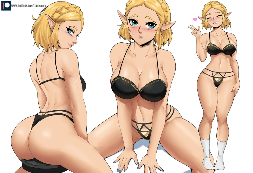 1girl ass back bangs blonde_hair blush braid breasts butt_crack cleavage closed_mouth collarbone crown_braid echo_saber from_behind green_eyes highres large_breasts lingerie looking_at_viewer looking_back multiple_views navel open_mouth panties princess_zelda short_hair sideboob simple_background sitting smile socks solo the_legend_of_zelda the_legend_of_zelda:_breath_of_the_wild the_legend_of_zelda:_breath_of_the_wild_2 thong triforce triforce_print underwear v white_background