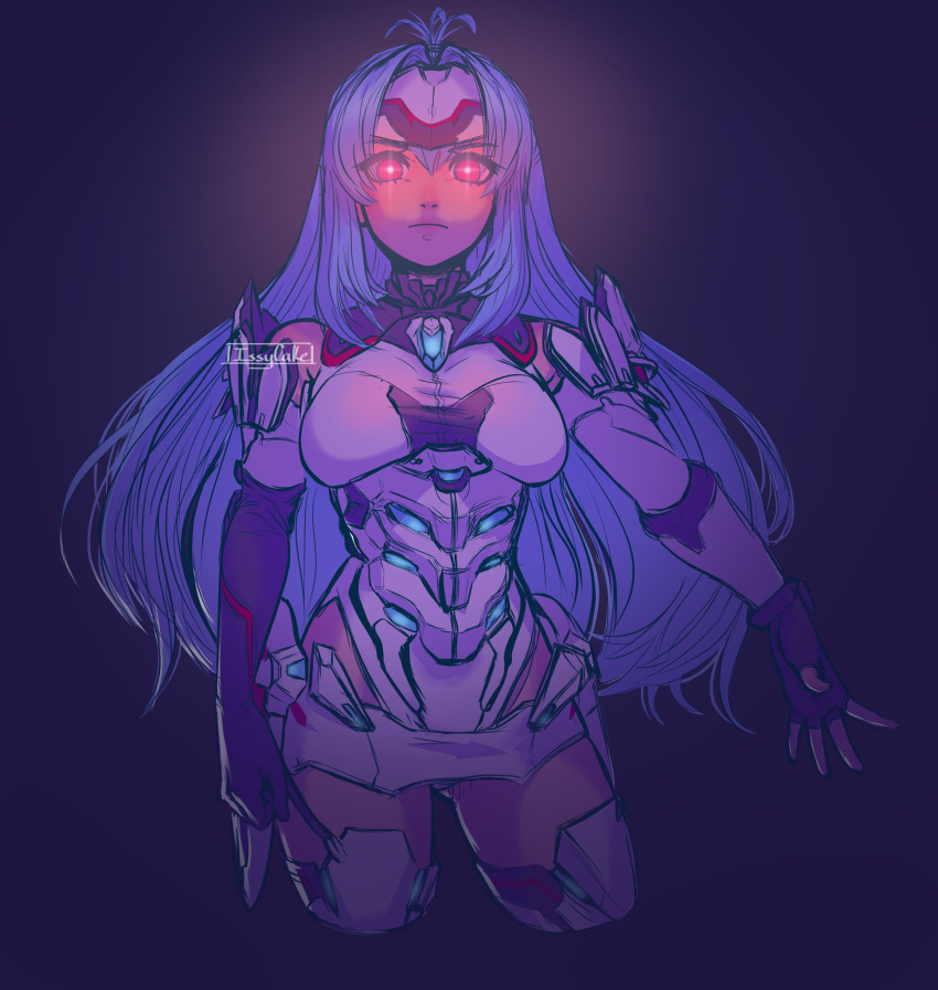 1girl armor bare_shoulders blue_hair breasts full_body gem gloves headpiece highres issycake kos-mos kos-mos_re: long_hair looking_at_viewer navel red_eyes simple_background thighhighs visor xenoblade_chronicles_(series) xenoblade_chronicles_2 xenosaga