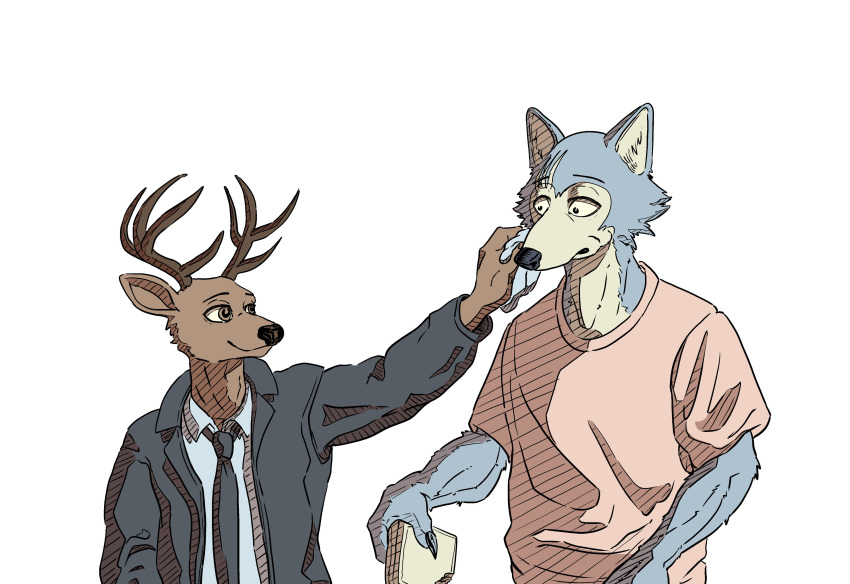 2021 absurd_res anthro antlers beastars canid canine canis cervid clothed clothing duo eating ffog food hi_res horn jacket legoshi_(beastars) looking_at_another louis_(beastars) male mammal napkin necktie open_clothing open_jacket open_topwear sandwich_(food) scar shirt simple_background smile topwear white_background wiping_mouth wolf