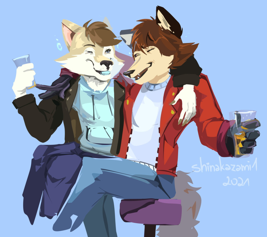 anthro beverage canid canine canis clothed clothing drunk duo fox fully_clothed hi_res jackets leather leather_clothing leather_topwear male male/male mammal shinakazami1 spread_arms substance_intoxication topwear wolf
