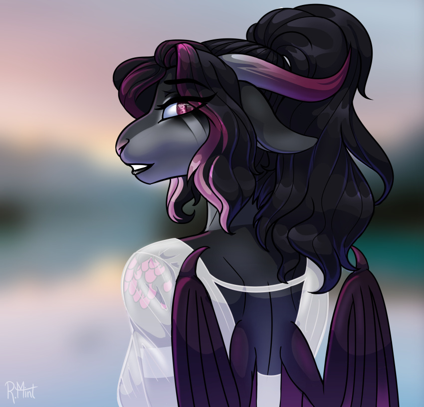 absurd_res anthro black_hair bovid caprine cephei dragon female gradient_background hair haze_blackbuttercup hi_res hybrid looking_at_viewer mammal originalspecies pink_eyes ponytail radioactivemint rear_view sheep simple_background small_wings solo wings