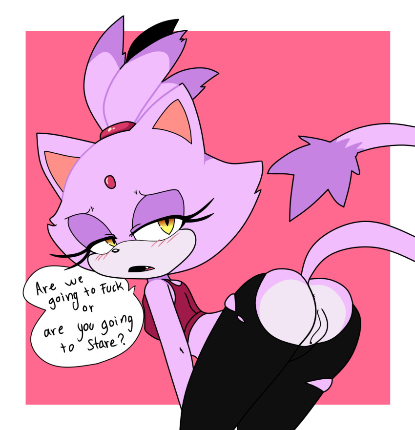 anthro blaze_the_cat blush breasts butt clothed clothing colored dialogue domestic_cat easy_access edit fangs felid feline felis female fluffy fluffy_tail fur genitals hearlesssoul hi_res mammal open_mouth partially_clothed purple_body purple_fur pussy simple_background solo sonic_the_hedgehog_(series) speech_bubble texas_toast tongue white_body white_fur yellow_eyes