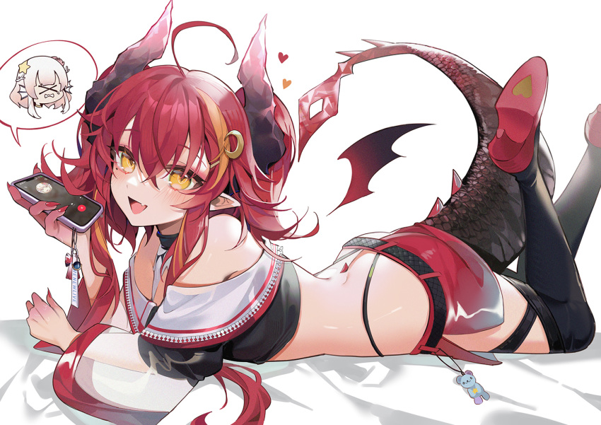 1girl :d ahoge ass bare_shoulders belt black_choker black_legwear black_shirt cellphone choker crop_top demon_girl demon_horns demon_tail fang hair_between_eyes hair_ornament highleg holding horns legs_up long_hair long_sleeves looking_at_viewer lying machi_(7769) midriff miniskirt mole mole_under_eye multicolored_hair off_shoulder on_stomach open_mouth phone pointy_ears red_footwear red_hair red_skirt renewlive see-through_sleeves shirt shoes side_slit sidelocks simple_background skirt smartphone smile solo streaked_hair suda_yoruka tail thighhighs twintails virtual_youtuber white_background wide_sleeves yellow_eyes zettai_ryouiki