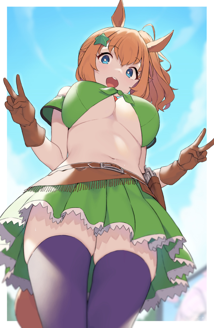 1girl absurdres animal_ears ass_visible_through_thighs bangs blue_eyes blue_sky blush breasts brown_gloves cloba commentary day double_v eyebrows_visible_through_hair from_below front-tie_top gloves green_gloves green_skirt hair_ornament highres horse_ears horse_girl horse_tail large_breasts long_hair looking_at_viewer looking_down miniskirt navel open_mouth orange_hair pleated_skirt ponytail skindentation skirt sky smile solo standing star_(symbol) star_hair_ornament taiki_shuttle_(umamusume) tail thighhighs umamusume underboob v