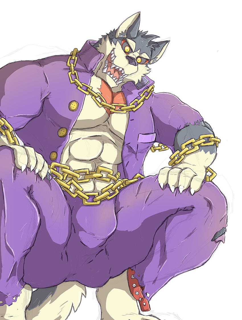 abs anthro black_sclera bottomwear canid canine canis chain claws clothed clothing crouching domestic_dog finger_claws fur garmr grey_body grey_fur hati-skm hi_res male mammal muscular muscular_anthro muscular_male open_clothing open_mouth open_shirt open_topwear pants pecs purple_bottomwear purple_clothing purple_pants purple_shirt purple_topwear sharp_teeth shirt simple_background solo tan_body tan_fur teeth tokyo_afterschool_summoners topwear torn_clothing video_games white_background yellow_eyes