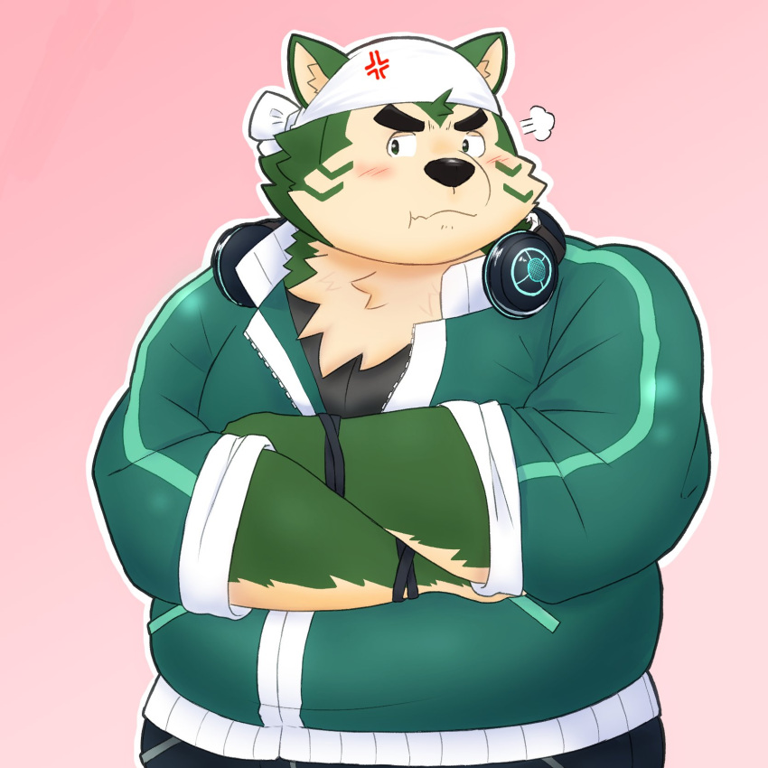 2021 angry anthro blush canid canine canis domestic_dog fur green_body green_fur headphones headphones_around_neck hi_res kemono live-a-hero male mammal mokdai overweight overweight_male solo video_games yaki_atsuage