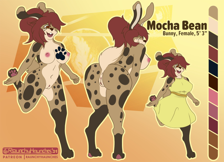 anthro areola bent_over big_breasts breasts brown_body brown_eyes brown_fur butt clothing digitigrade dress female fur genitals hair invalid_tag lagomorph leporid mammal mocha_bean model_sheet nipples paws pussy rabbit raunchyhaunches red_hair running simple_background spots standing