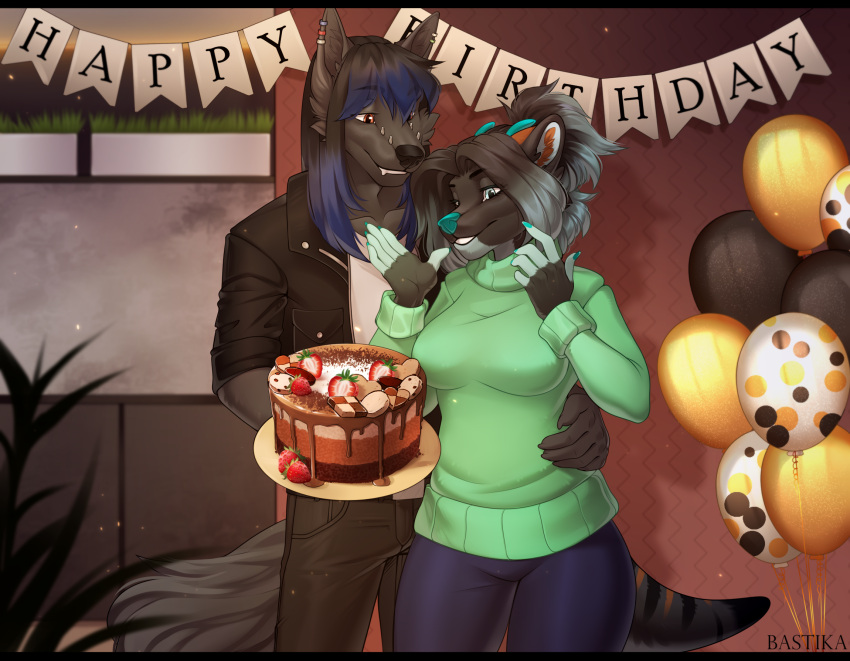 2021 5_fingers anthro bastika breasts canid canine canis clothed clothing detailed_background digital_media_(artwork) domestic_dog duo ear_piercing ear_ring female fingers hi_res male mammal piercing smile standing