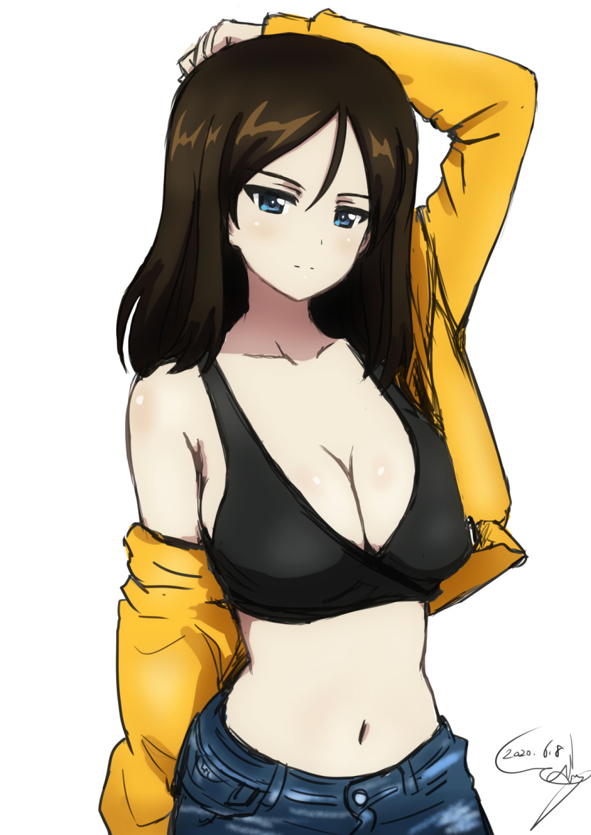 1girl arm_above_head black_bra blue_eyes bra breasts brown_hair bukkuri cleavage cowboy_shot denim girls_und_panzer hand_on_own_head highres jacket jeans large_breasts long_hair navel nonna_(girls_und_panzer) pants solo underwear white_background yellow_jacket