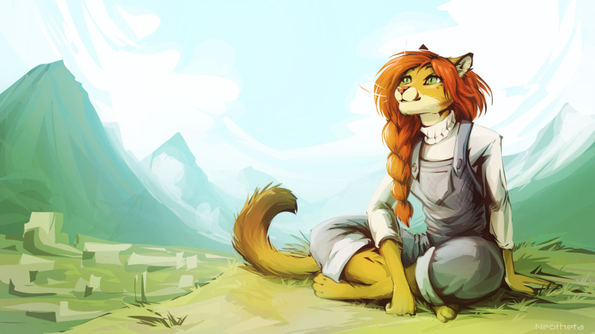 2021 anthro barefoot braided_ponytail breasts clothing cougar day detailed_background digital_media_(artwork) feet felid feline female fur grass green_eyes hair hi_res mammal neotheta outside overalls plant red_hair sitting sky smile solo tan_body tan_fur turtleneck