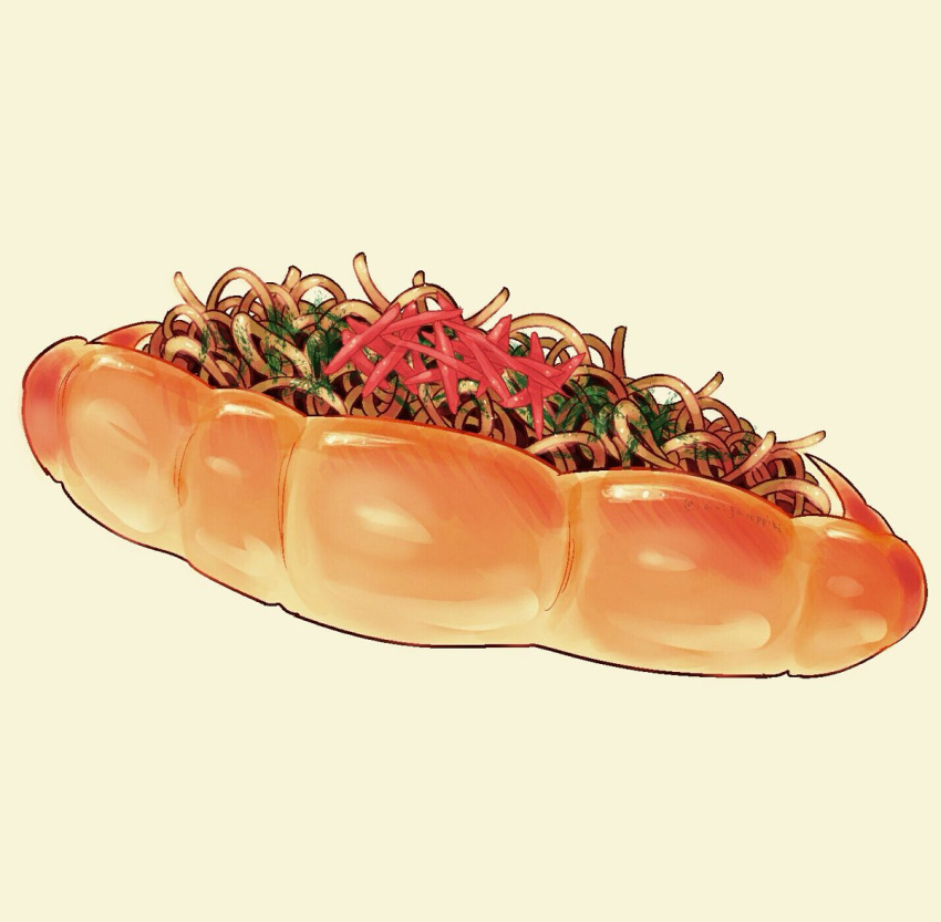 arinko_(a_ringo_hoppe) artist_name bread commentary_request food food_focus jpeg_artifacts no_humans noodles original shiny signature simple_background still_life twitter_username yakisoba yakisobapan yellow_background