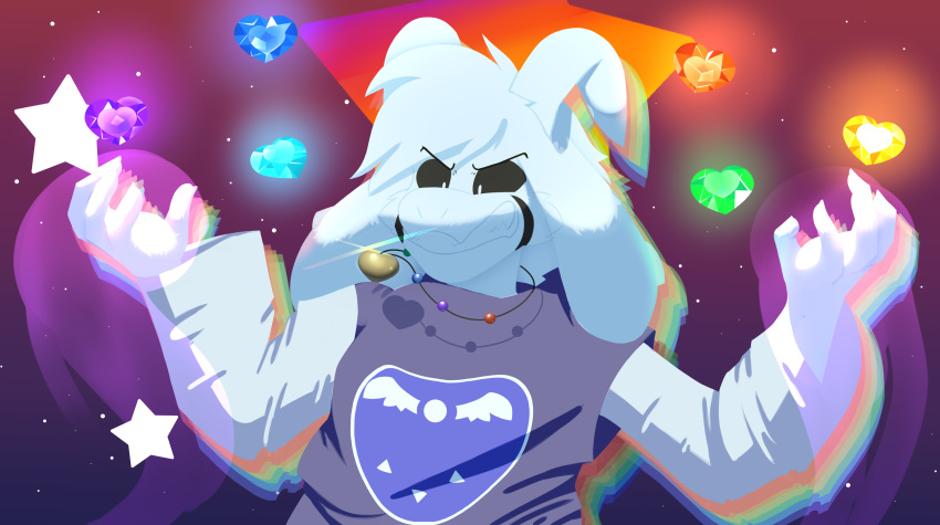 5_fingers absurd_res anthro artesderatzyu asriel_dreemurr_(god_form) black_sclera bovid caprine clothing fangs fingers floppy_ears fur goat hi_res horn jewelry male mammal necklace robe solo star teeth tunic undertale video_games white_body white_fur