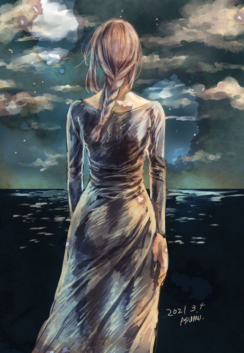 1girl artist_name back black_dress braid braided_ponytail burn_mark chainsaw_man cloud cloudy_sky commentary cowboy_shot dated dress from_behind highres long_sleeves makima_(chainsaw_man) matsumotoasumu medium_hair ocean outdoors red_hair signature sky solo