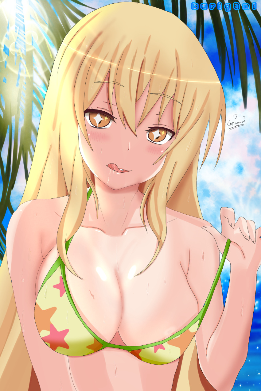 +_+ 1girl absurdres bikini blonde_hair blue_sky blush breasts cleavage cloud english_commentary hair_between_eyes highres kurigamikun large_breasts licking_lips long_hair looking_at_viewer medium_breasts palm_tree saliva shokuhou_misaki sky solo star_(symbol) star_print strap_lift sweat swimsuit swimwear toaru_kagaku_no_railgun toaru_majutsu_no_index tongue tongue_out tree upper_body