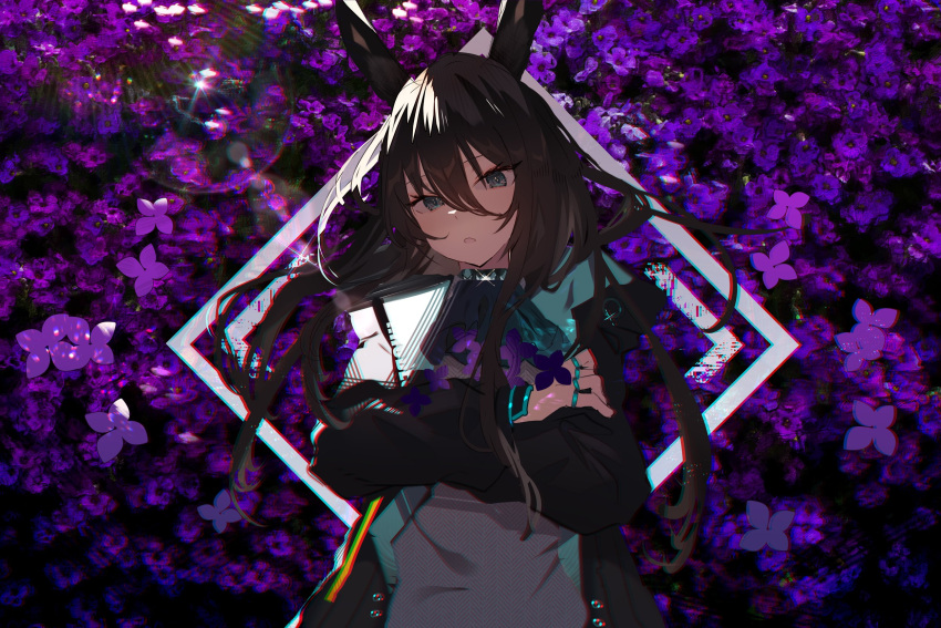 1girl amiya_(arknights) animal_ears arknights black_coat blue_eyes blue_neckwear brown_hair bunny_ears clothes_writing coat commentary_request crossed_arms eyebrows_visible_through_hair eyelashes flower hair_between_eyes highres hooded_coat jewelry long_hair looking_at_viewer multiple_rings open_clothes open_coat open_mouth ponytail purple_flower ring sidelocks solo soukou_makura sweater upper_body white_sweater