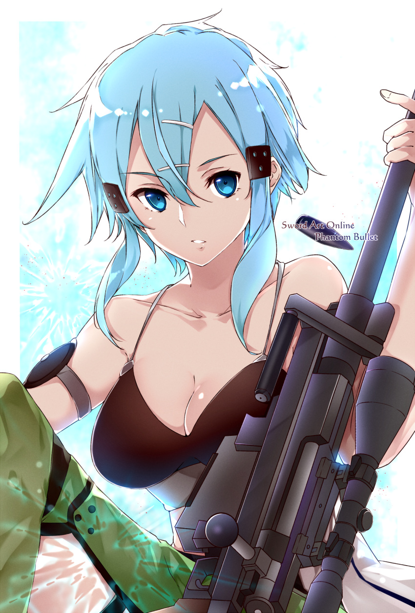 1girl arm_strap bangs bare_shoulders bikini bikini_top black_bikini blue_background blue_eyes blue_hair breasts bullet cleavage collarbone commentary copyright_name gradient gradient_background green_pants gun hair_ornament hairclip highres knee_up looking_at_viewer medium_breasts pants parted_lips rifle shi-2 short_hair sidelocks sinon sitting sniper_rifle solo swimsuit sword_art_online weapon