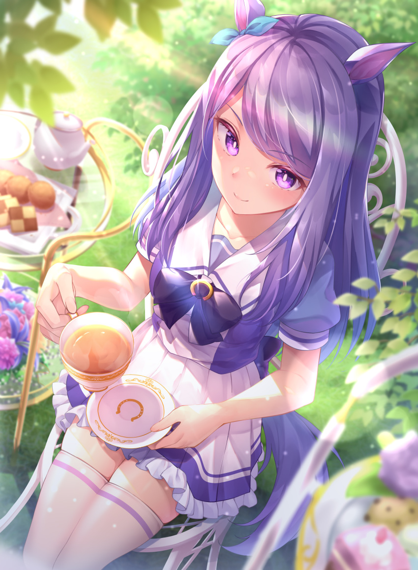 1girl absurdres animal_ears bangs blue_ribbon blush chair collarbone commentary_request cup ear_ribbon eyebrows_visible_through_hair food frilled_skirt frills from_above glass_table grass henacho highres holding holding_cup holding_saucer horse_ears horse_girl horse_tail long_hair looking_at_viewer mejiro_mcqueen outdoors plant purple_eyes purple_hair purple_shirt ribbon saucer shirt short_sleeves sitting skirt smile solo sweets swept_bangs table tail tea_set teacup teapot thighhighs umamusume white_legwear white_skirt