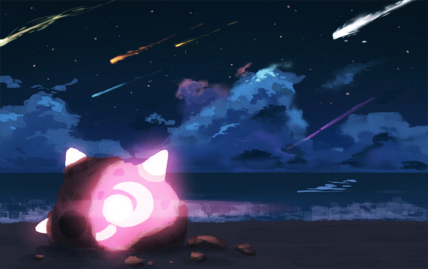 cloud commentary_request gen_7_pokemon glowing highres meteor_shower minior night no_humans one-hour_drawing_challenge outdoors pokemon pokemon_(creature) rend rock sand shore sky solo star_(sky) water