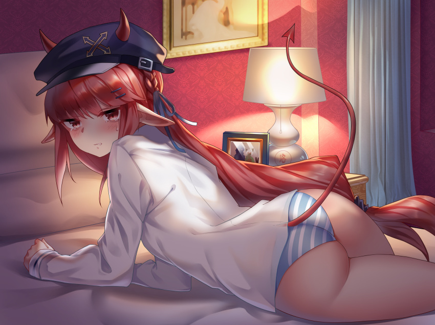 1girl absurdres aluo_7762 arknights ass bangs bed black_headwear blush cabbie_hat crying crying_with_eyes_open curtains doctor_(arknights) hair_ornament hairclip hat highres horns horns_through_headwear indoors kal'tsit_(arknights) lamp long_hair long_sleeves looking_at_viewer low-tied_long_hair lying panties parted_lips picture_frame pointy_ears red_eyes red_hair shirt solo striped striped_panties tail tears thighs underwear very_long_hair vigna_(arknights) white_shirt