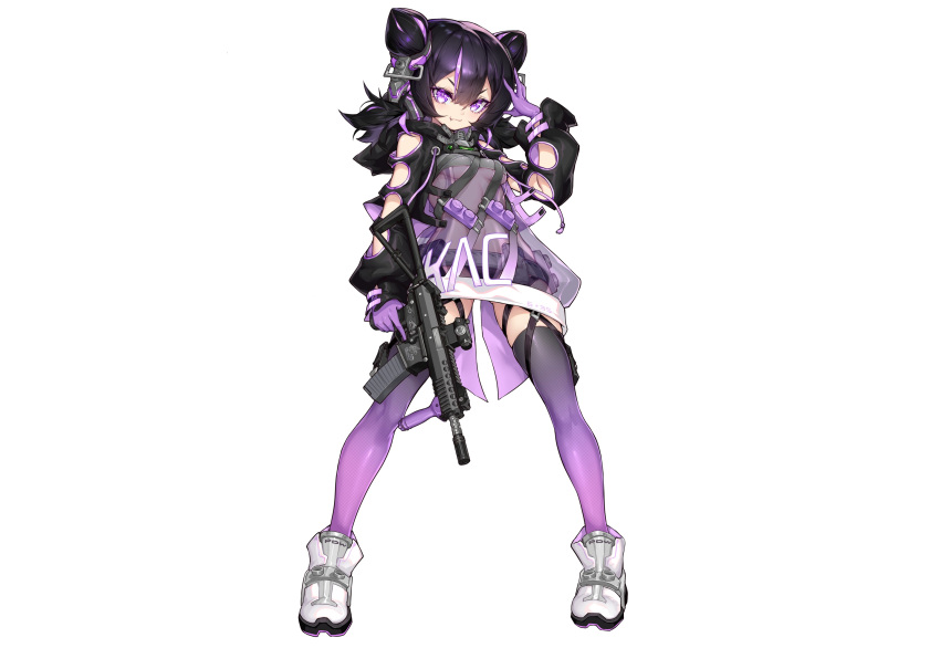 anthropomorphism black_hair boots breasts cat_smile cropped fang garter girls_frontline gloves gun hoodie kac-pdw_(girls_frontline) no_bra panties purple_eyes see_through shanyao_jiang_tororo thighhighs twintails underboob underwear weapon white