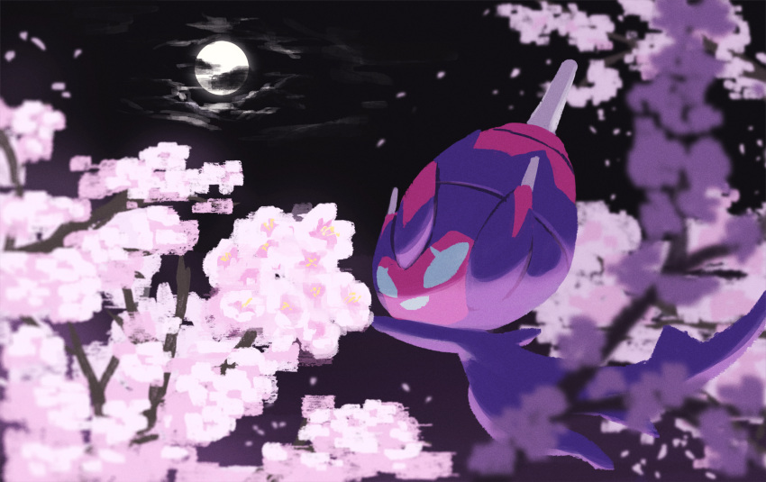 blurry cloud commentary_request flower gen_7_pokemon highres looking_at_object moon night no_humans one-hour_drawing_challenge outdoors pink_flower poipole pokemon pokemon_(creature) rend smile solo ultra_beast