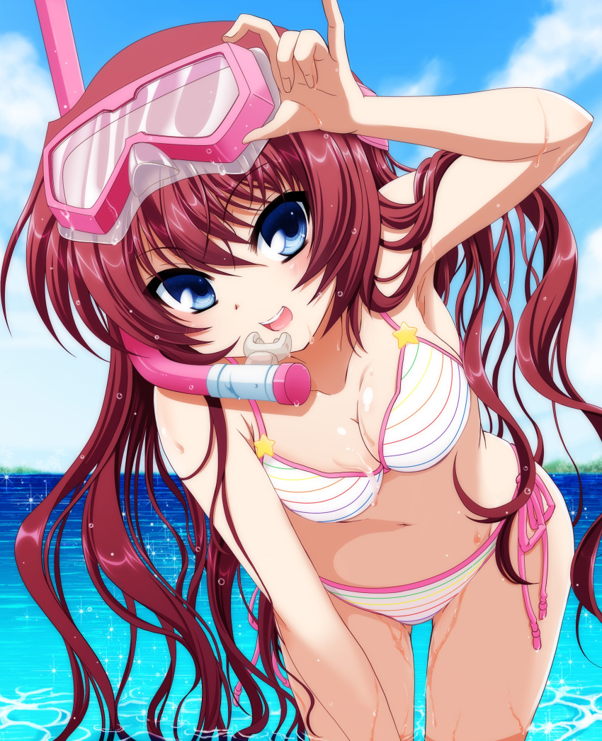 1girl a-chan_senpai absurdres beach bent_over bikini blue_eyes blue_sky breasts brown_hair cleavage cloud commentary_request cowboy_shot day diving_mask highres ikeda_jun_(aquaqua) kud_wafter leaning_forward little_busters! long_hair looking_at_viewer medium_breasts open_mouth outdoors round_teeth side-tie_bikini sky smile snorkel solo striped striped_bikini swimsuit teeth upper_teeth wet wet_clothes wet_swimsuit white_bikini