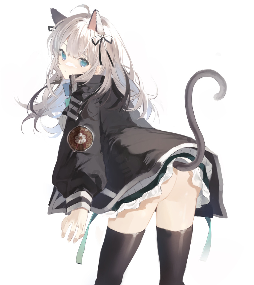 1girl absurdres animal_ears arknights ass bangs black_choker black_jacket black_legwear black_ribbon blue_eyes breasts cat_ears cat_tail choker commentary_request dress feet_out_of_frame from_behind hair_ribbon hatachi8p highres holding holding_staff jacket long_hair long_sleeves looking_at_viewer looking_back mint_(arknights) open_clothes open_jacket ribbon short_dress silver_hair small_breasts solo staff tail thighhighs white_background white_dress white_footwear zettai_ryouiki