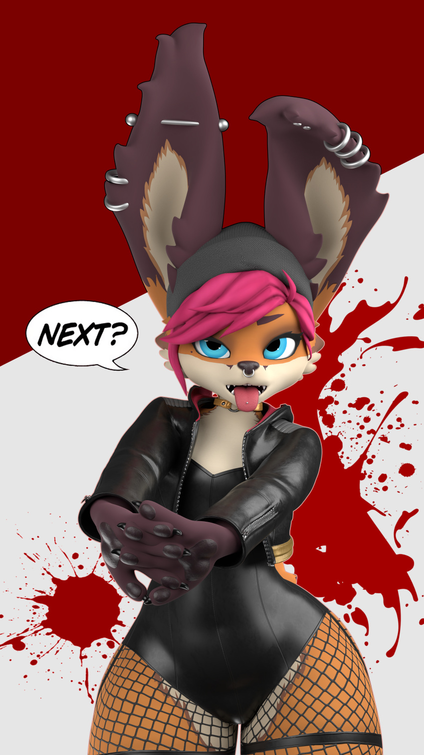 absurd_res ambiguous_gender anthro basedvulpine basedvulpine_(character) beanie black_canary blood blood_splatter blue_eyes bodily_fluids canid canine choker clothing collar comic_sans ear_piercing facial_piercing fishnet fishnet_legwear fox fur hair hat headgear headwear hi_res hobkin hybrid jacket jewelry lagomorph leather leather_clothing leather_jacket leather_topwear legband legwear leporid long_ears mammal necklace nose_piercing open_mouth orange_body orange_fur piercing pink_hair rabbit rubber short_stack solo text thick_thighs thighband tongue tongue_out tongue_piercing topwear unitard