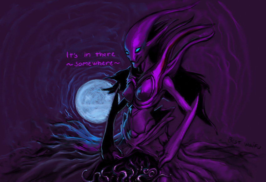 blue_eyes bodily_fluids breasts detailed_background dota female humanoid meandraco mercurial_the_spectre not_furry nude purple_body smile solo spirit spreading tentacles text video_games