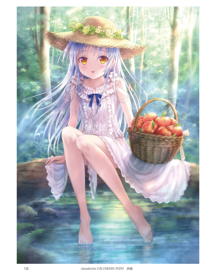 1girl alternate_costume angel_beats! apple basket day dress food forest frilled_dress frills fruit full_body goto_p hat highres long_hair looking_at_viewer nature outdoors silver_hair sitting smile soaking_feet solo straw_hat tenshi_(angel_beats!) tree water white_dress yellow_eyes