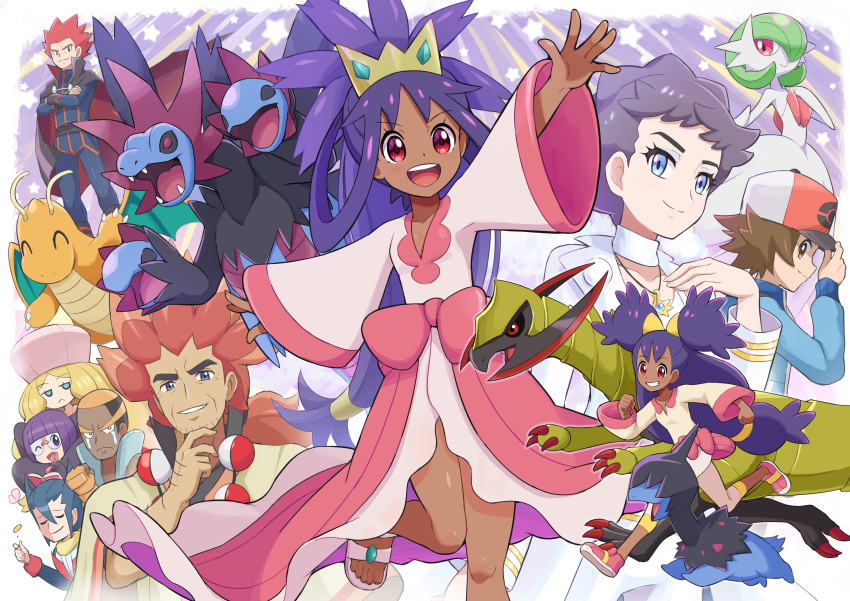 4girls 5boys :&lt; :d absurdres alder_(pokemon) bangs baseball_cap blonde_hair blue_eyes brown_hair caitlin_(pokemon) cape choker clenched_hand clenched_hands closed_eyes closed_mouth coin commentary_request crossed_arms crying dark_skin dark_skinned_female dark_skinned_male deino_(pokemon) diantha_(pokemon) dragonite dress dual_persona elite_four eyelashes facial_hair gardevoir gen_1_pokemon gen_3_pokemon gen_5_pokemon glasses grimsley_(pokemon) hair_between_eyes hair_rings hand_on_headwear hand_up hat haxorus highres hilbert_(pokemon) hydreigon iris_(pokemon) jacket jewelry knees lance_(pokemon) long_hair long_sleeves looking_at_viewer marshal_(pokemon) mega_gardevoir mega_pokemon multicolored_hair multiple_boys multiple_girls necklace one_eye_closed open_mouth outstretched_arms pants parted_lips pink_footwear poke_ball pokemoa pokemon pokemon_(creature) pokemon_(game) pokemon_bw pokemon_hgss pokemon_xy purple_hair red_eyes red_hair running sandals scarf shauntal_(pokemon) shiny shiny_skin shoes short_hair smile spiked_hair star_(symbol) teeth tiara toes tongue two-tone_hair very_short_hair white_choker wide_sleeves yellow_scarf