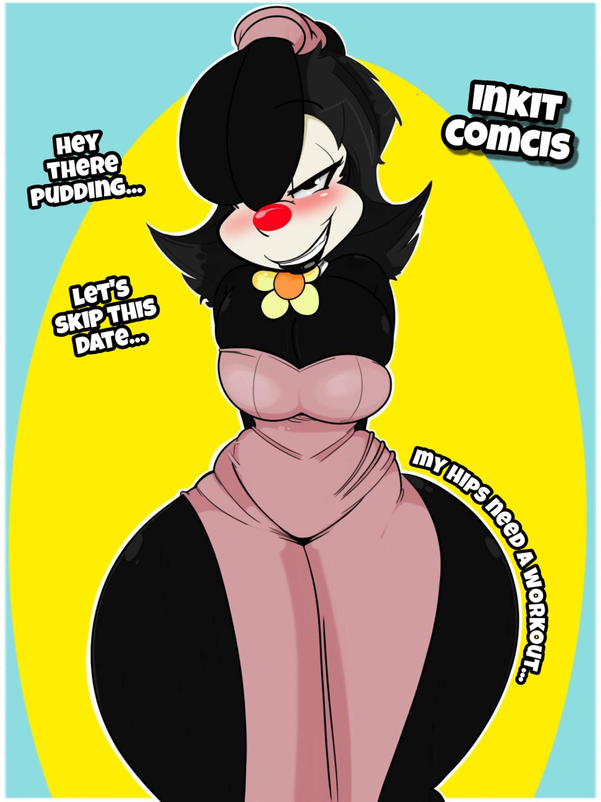 2019 animaniacs anthro bedroom_eyes big_breasts black_body black_fur black_hair blush breasts clothing curvy_figure dialogue digital_media_(artwork) dot_warner dress english_text female flower fur hair hands_behind_back hi_res hourglass_figure inkblot inkit89 looking_at_viewer mammal narrowed_eyes plant seductive simple_background smile solo talking_to_viewer teeth text thick_thighs voluptuous warner_brothers wide_hips