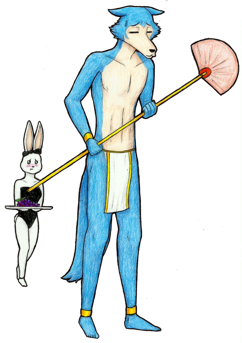 absurd_res anthro beastars blue_body blue_fur blush bodily_fluids canid canine canis clothing duo egyptian_clothing eyes_closed female fur genital_fluids gold_(metal) gold_jewelry grape haru_(beastars) hi_res jewelry lagomorph legoshi_(beastars) leporid male male/female mammal playboy playboy_bunny rabbit shy slave were werecanid werecanine werewolf white_body white_fur wolf