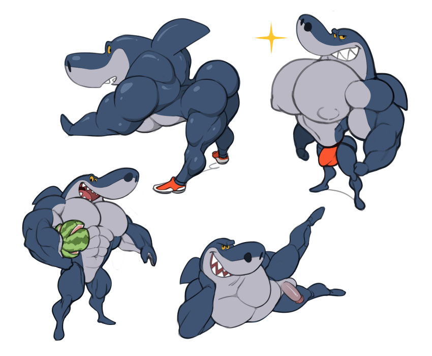 abs analon_(artist) anthro biceps bulge butt clothing crush fin fish flexing food footwear fruit genitals grey_body hi_res holding_object looking_at_viewer male marine melon muscular muscular_anthro muscular_male nipples pecs penis plant pose shark sharko shoes smile smirk solo teeth underwear zig_and_sharko