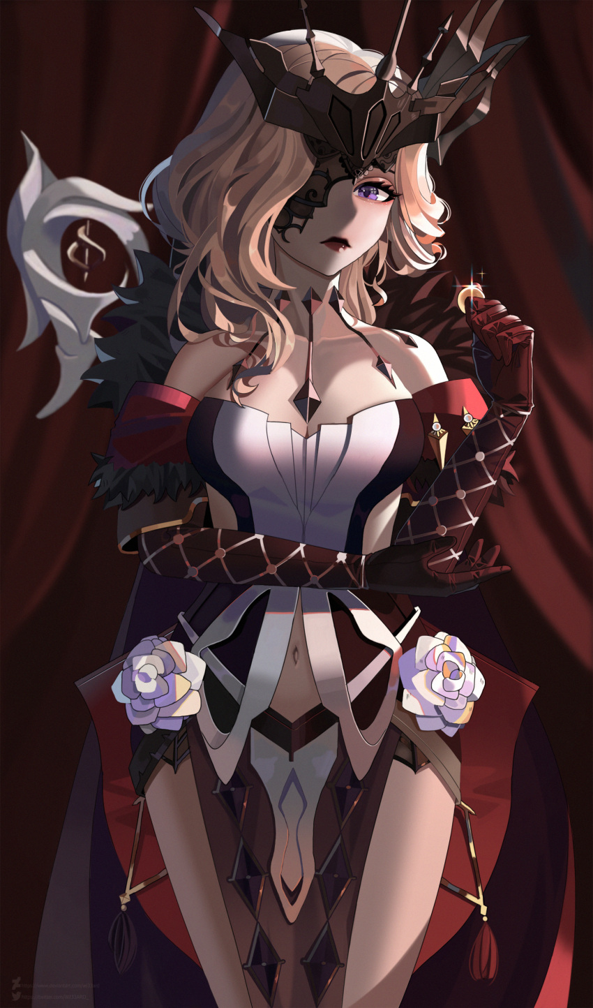 1girl absurdres bare_shoulders blonde_hair breasts cleavage clothing_cutout coat coin collarbone cowboy_shot curtains dress elbow_gloves elbow_on_arm elbow_rest eyelashes eyepatch flower fur-trimmed_coat fur_trim gem genshin_impact gloves hand_up headpiece highres holding holding_coin lace-trimmed_eyepatch large_breasts leather leather_gloves lips lipstick long_hair looking_at_viewer makeup navel navel_cutout off_shoulder one_eye_covered pelvic_curtain purple_eyes red_curtains red_gloves rose shading signora solo sparkle strapless strapless_dress studded_gloves tassel tsurime white_dress white_flower white_rose wi33ard